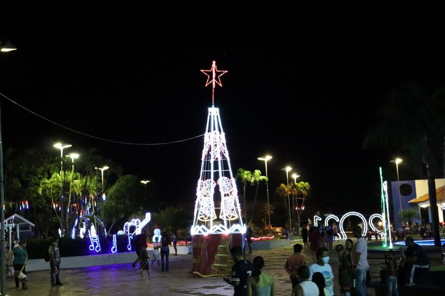 A tradicional árvore de Natal no centro da Praça Santos Tomazelli. Foto: Roney Minella