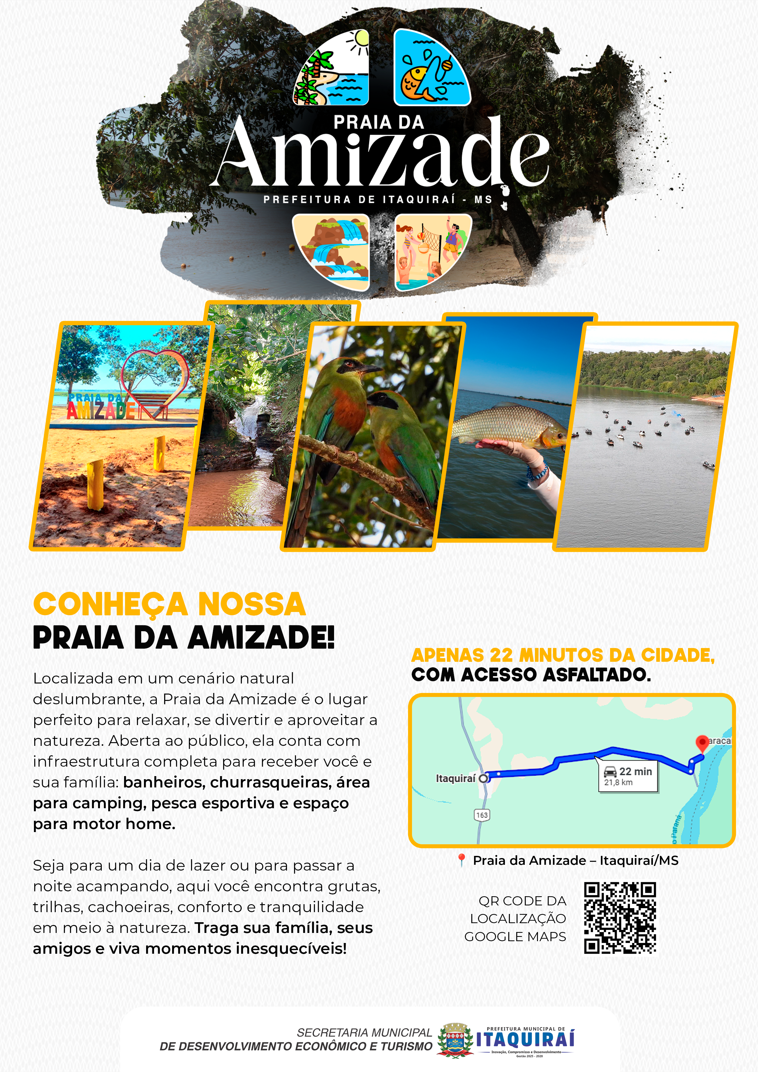 <div><b>Conheça a Praia da Amizade! </b><br><img alt=""><img alt=""><img alt=""><img alt=""><img alt=""><br>Localizada em um cenário natural deslumbrante, a Praia da Amizade é o lugar perfeito para relaxar, se divertir e aproveitar a natureza. Aberta ao público, ela conta com infraestrutura completa para receber você e sua família: banheiros, churrasqueiras, área para camping, pesca esportiva e espaço para motor home.</div><div><br></div><div>Seja para um dia de lazer ou para passar a noite acampando, aqui você encontra grutas, trilhas, cachoeiras, conforto e tranquilidade em meio à natureza. Traga sua família, seus amigos e viva momentos inesquecíveis!</div><div><br></div>
